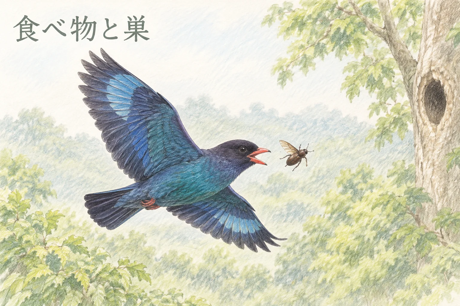 空中の甲虫を捕ろうとするブッポウソウと樹洞の色鉛筆画