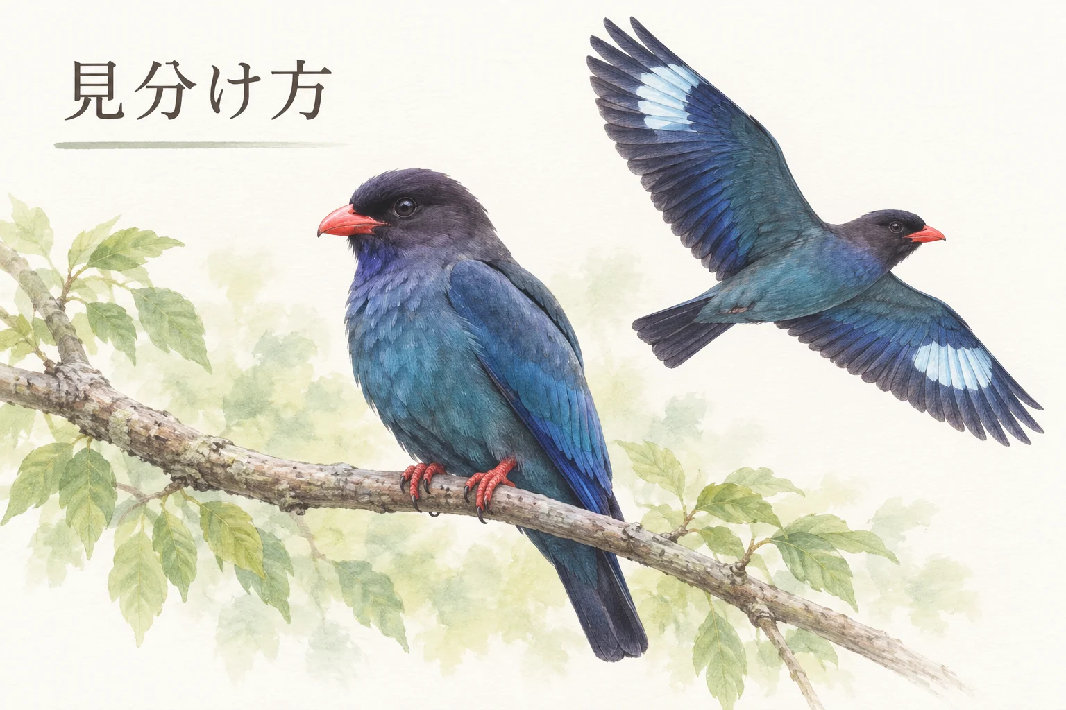 赤いくちばしのブッポウソウと飛ぶと見える翼の白斑を描いた色鉛筆画