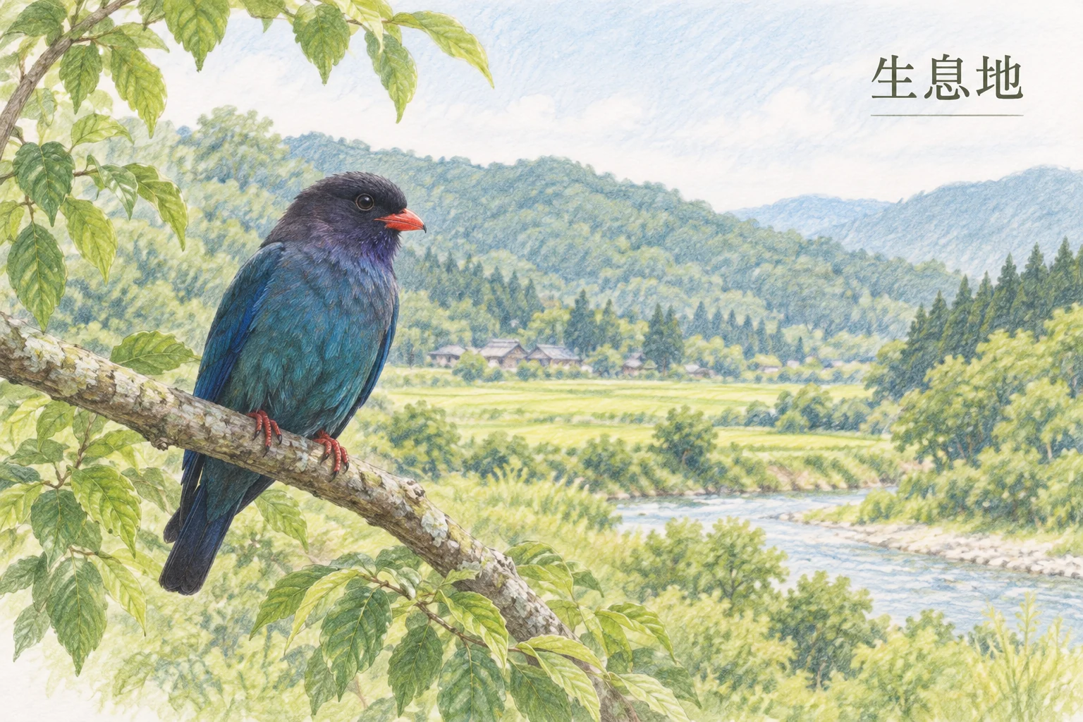 林と開けた場所が接する里山に止まるブッポウソウの色鉛筆画