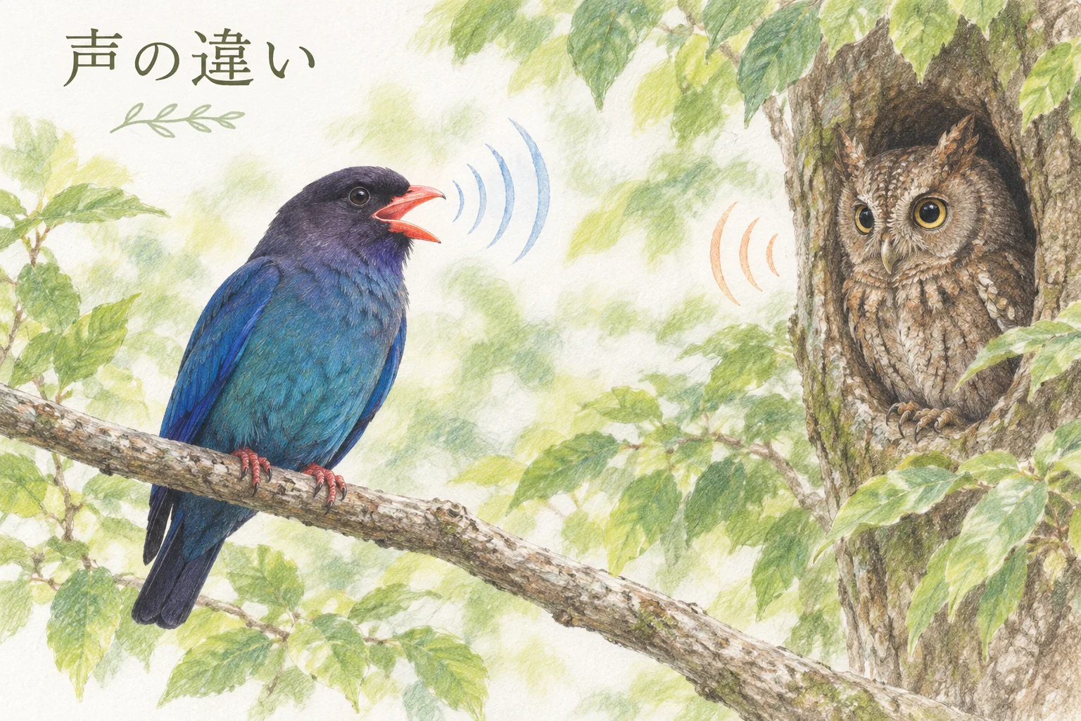 鳴き声を出すブッポウソウと木の洞にいるコノハズクの色鉛筆画