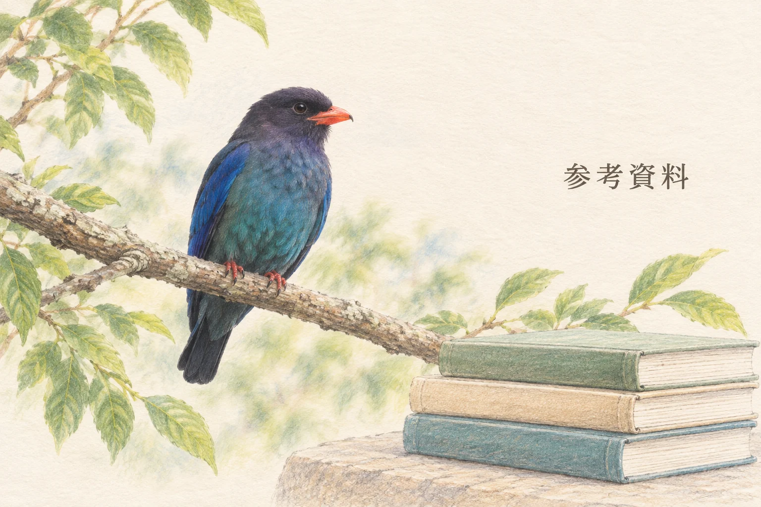 ブッポウソウと野鳥図鑑を描いた色鉛筆画
