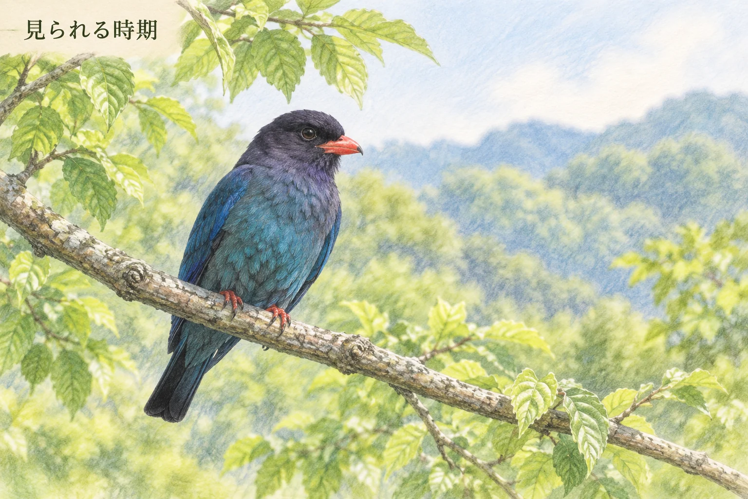 初夏の木々の中に止まるブッポウソウの色鉛筆画