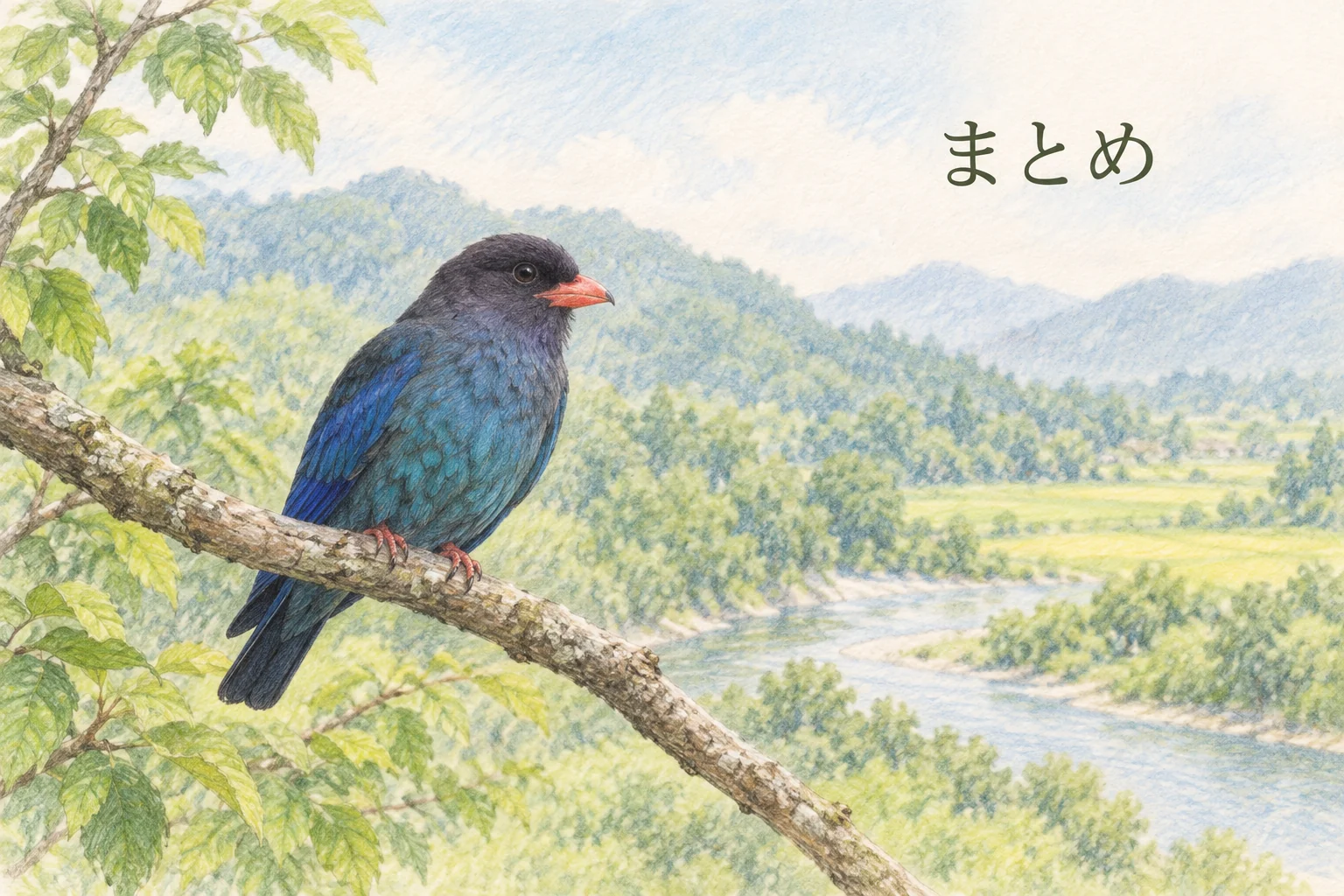 森と川に囲まれた枝に止まるブッポウソウの色鉛筆画