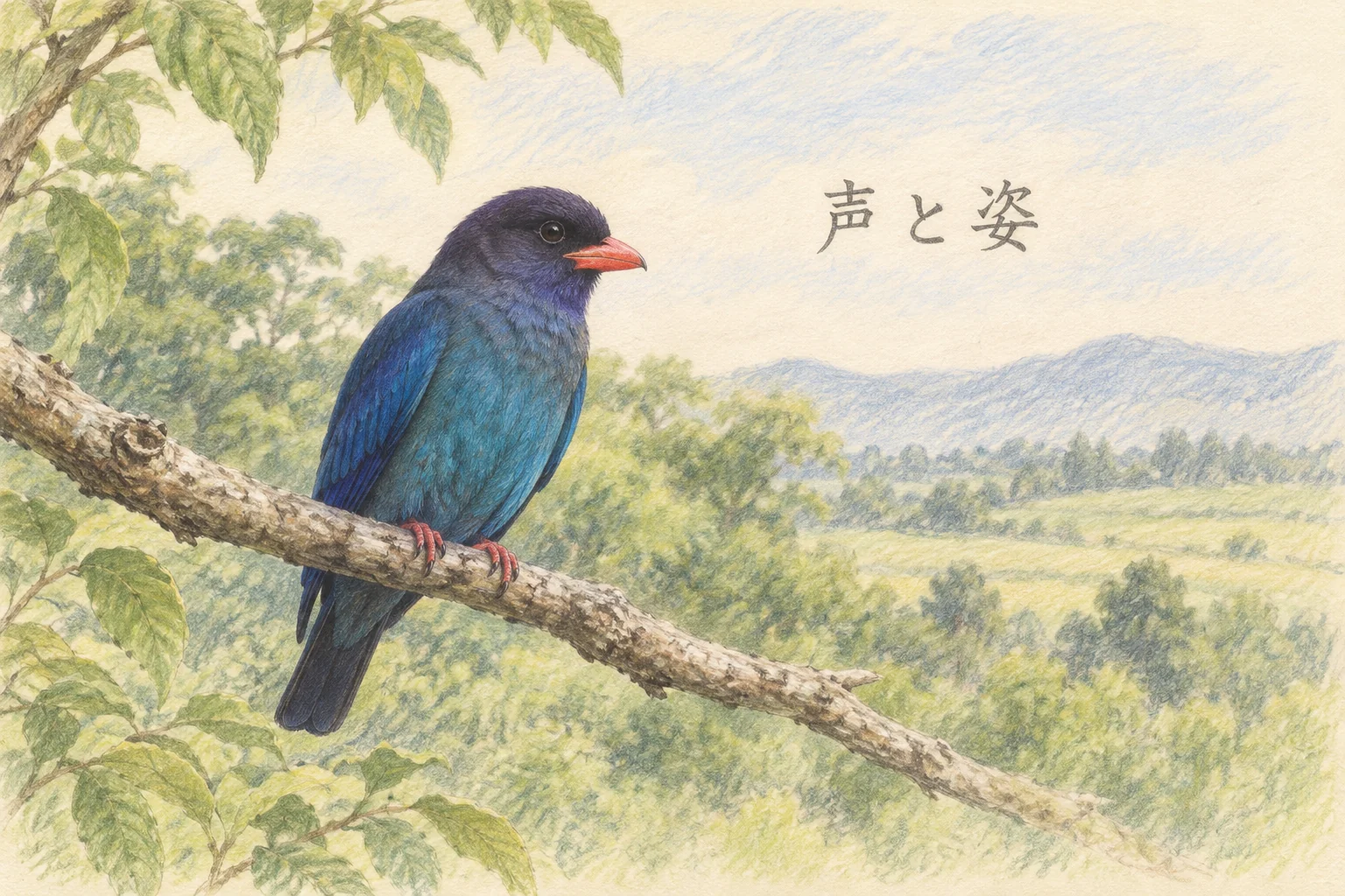 色鉛筆画で描いたブッポウソウ。暗い頭部、青緑色の体、赤いくちばしと枝をつかむ足