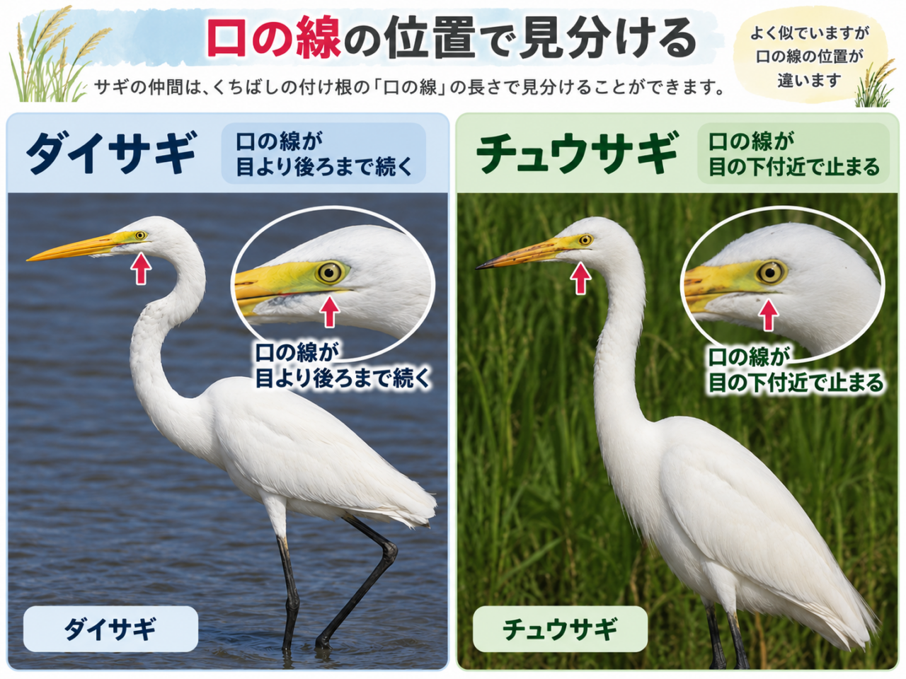 ダイサギは口の線が目より後ろまで続き、チュウサギは目の下付近で止まることを矢印と拡大図で示した比較画像