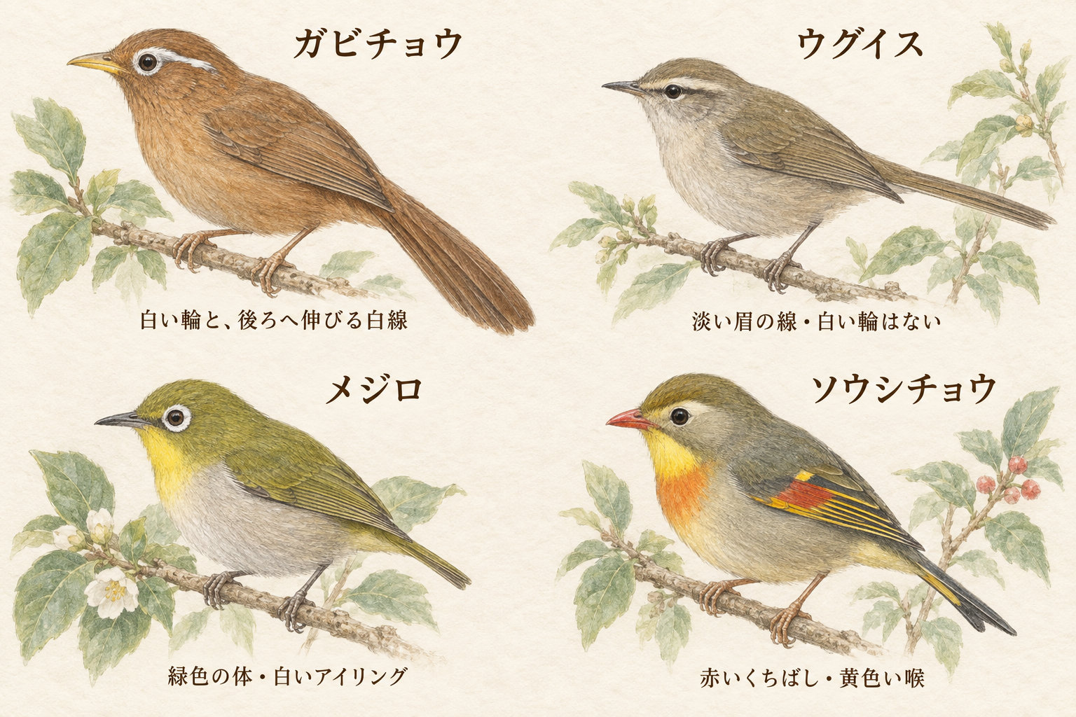 ガビチョウの白い輪と後方の白線、ウグイスの淡い眉、メジロの白いアイリングと緑の体、ソウシチョウの赤いくちばしを比較したイラスト
