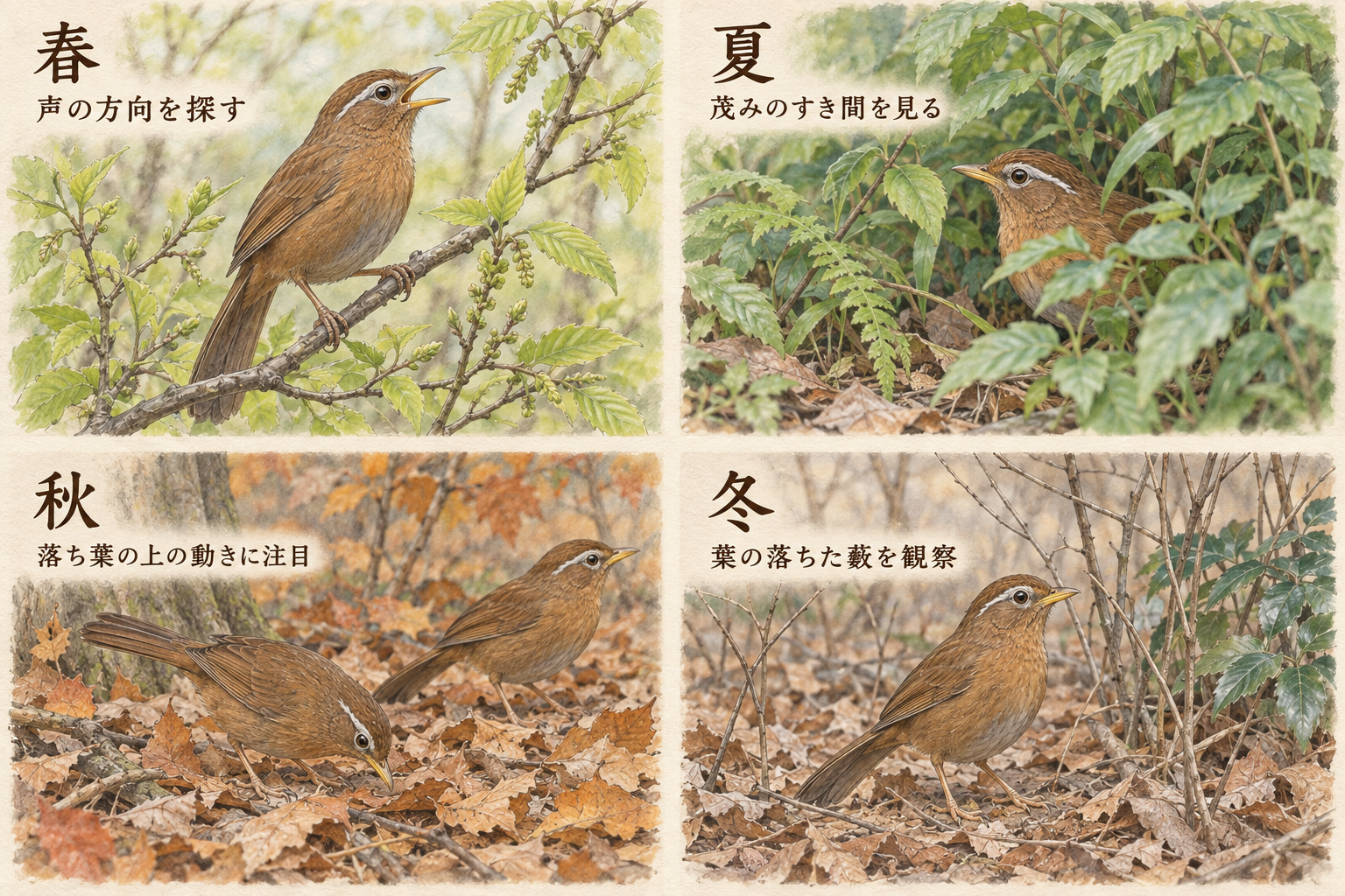 春はさえずる方向、夏は茂みのすき間、秋は落ち葉の上の動き、冬は葉の落ちた藪に注目するガビチョウの季節別観察イラスト