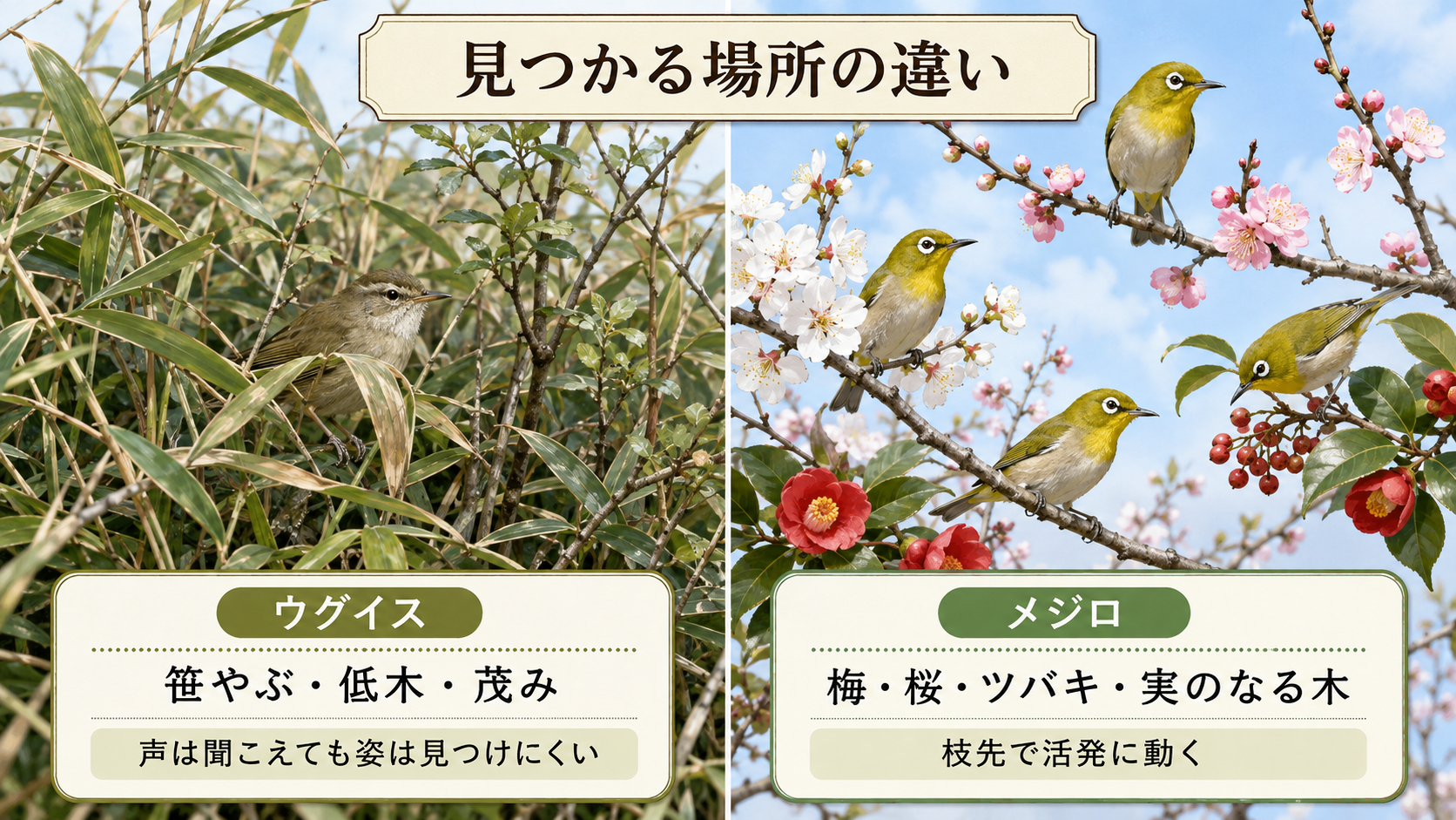 ウグイスとメジロが見つかる生息環境の違いを文字で示したイラスト