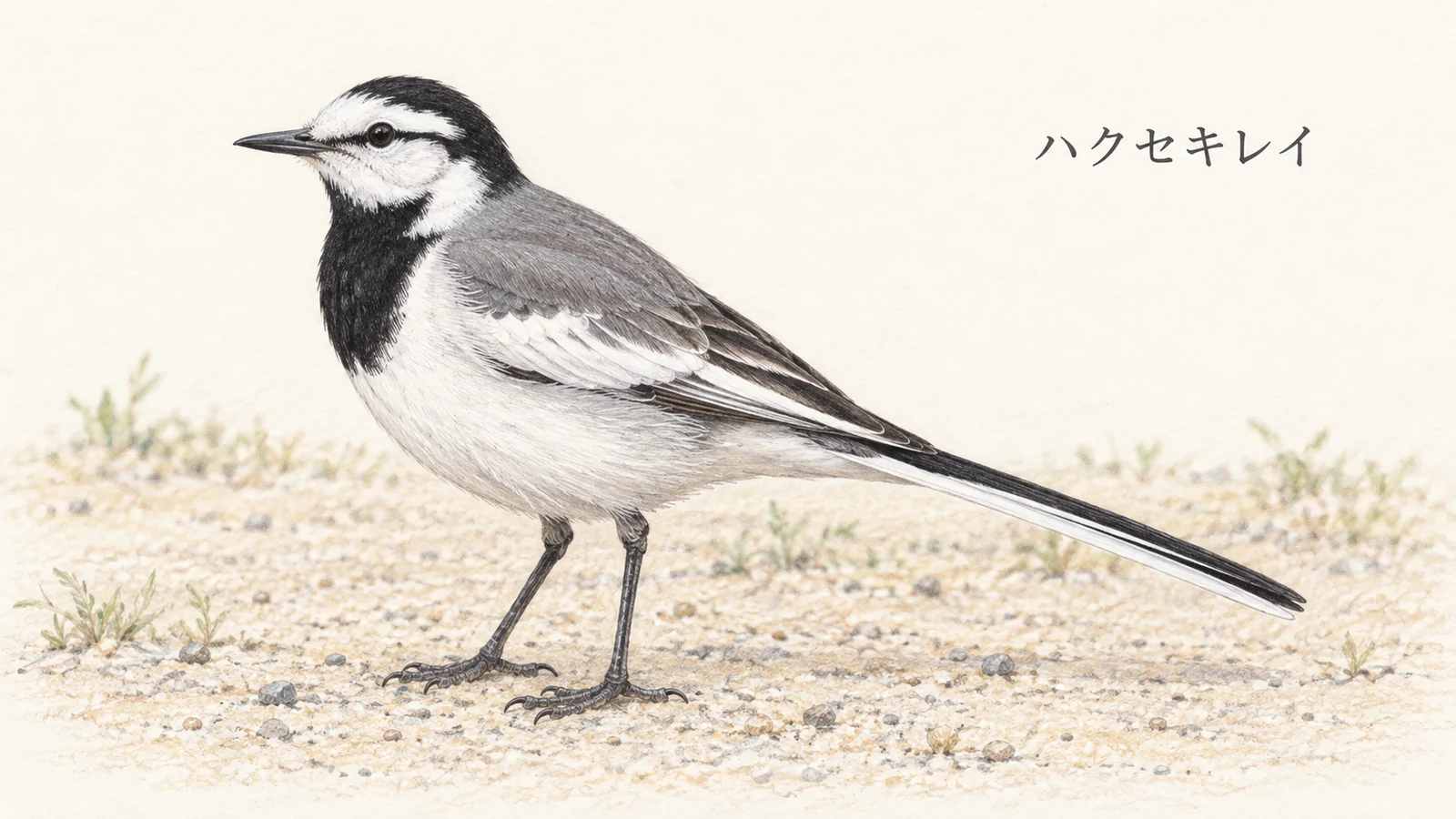 白い頬と黒い過眼線、灰色の背中を持つハクセキレイの色鉛筆画