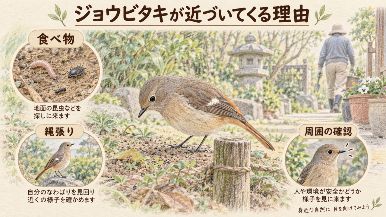 ジョウビタキが近づく理由を食べ物・縄張り・周囲の確認に分けて考える色鉛筆イラスト