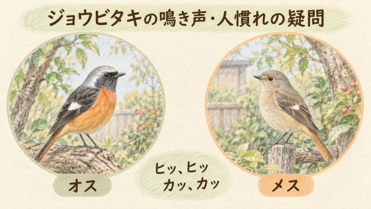 ジョウビタキのオスとメス、ヒッヒッ・カッカッという鳴き声を示す淡い色鉛筆イラスト