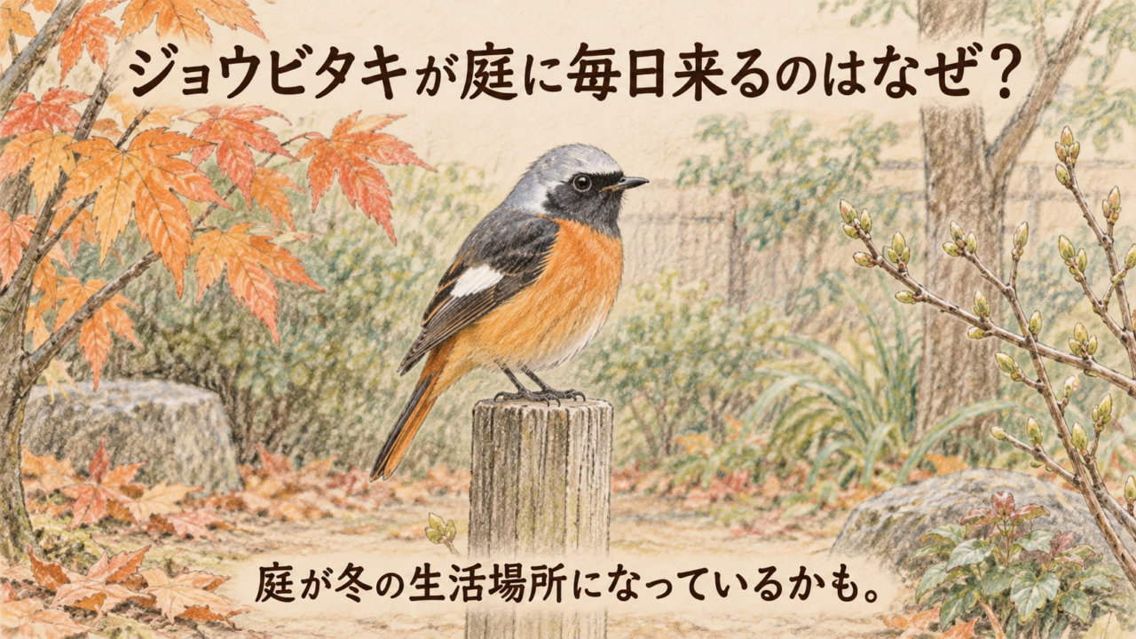 秋から春に同じ庭の杭を利用するジョウビタキの雄を描いた色鉛筆イラスト