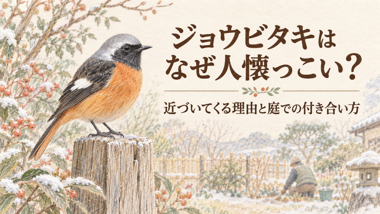 ジョウビタキはなぜ人懐っこいのか、近づく理由と庭での付き合い方を紹介する色鉛筆イラスト