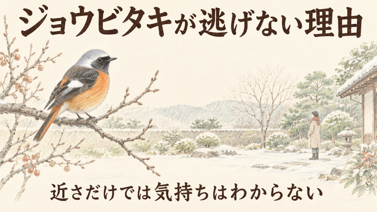 人から離れた枝にとまるジョウビタキの雄と、逃げない理由を考える色鉛筆イラスト