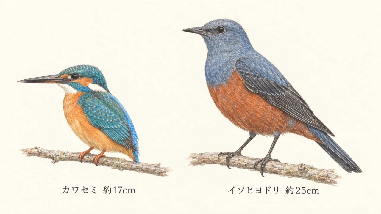 全長約17cmのカワセミと約25cmのイソヒヨドリの大きさと尾の長さを比較した図