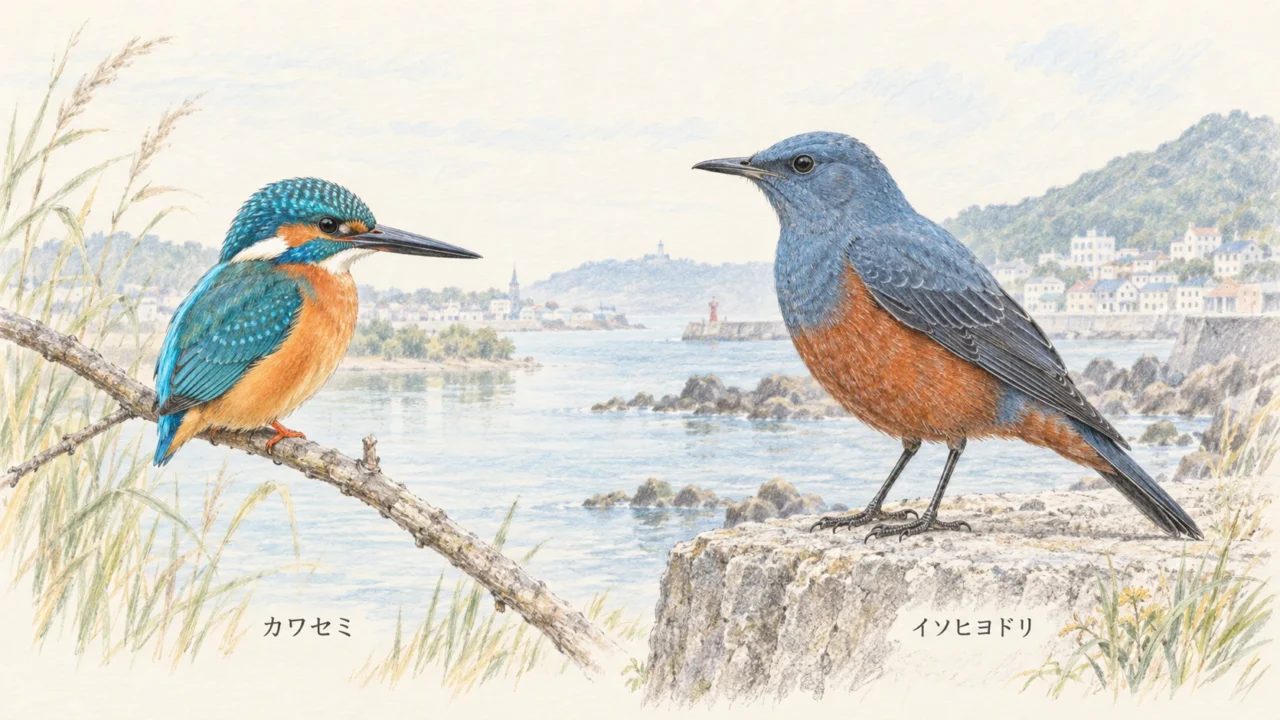 水辺の枝にとまるカワセミと岩の上に立つイソヒヨドリのオスを並べた色鉛筆画
