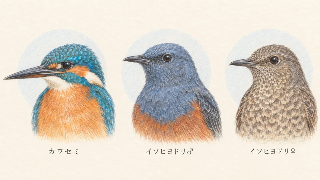 カワセミとイソヒヨドリのオスとメスの顔や喉の模様を並べた比較イラスト