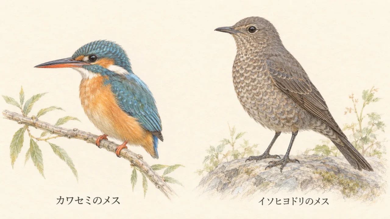 下くちばしが赤いカワセミのメスと灰褐色のうろこ模様があるイソヒヨドリのメスの比較