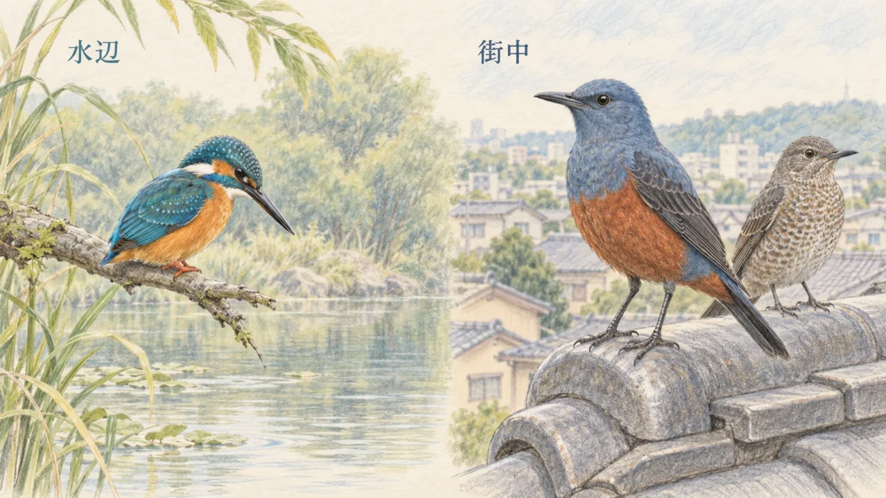 池の枝で水面を見つめるカワセミと街中の屋根にとまるイソヒヨドリのオスとメス