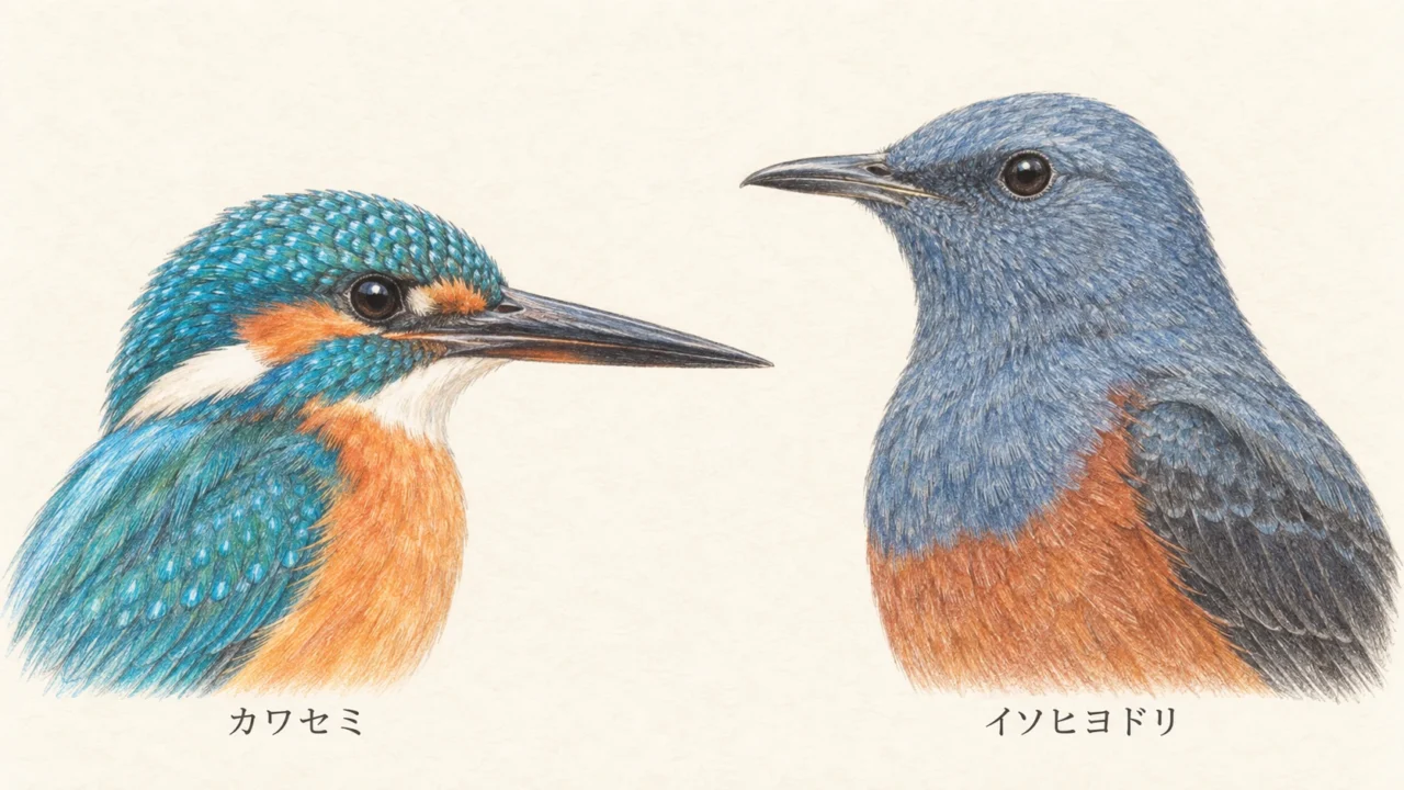 カワセミの長いくちばしと白い喉、イソヒヨドリのオスの短いくちばしと青い喉の比較