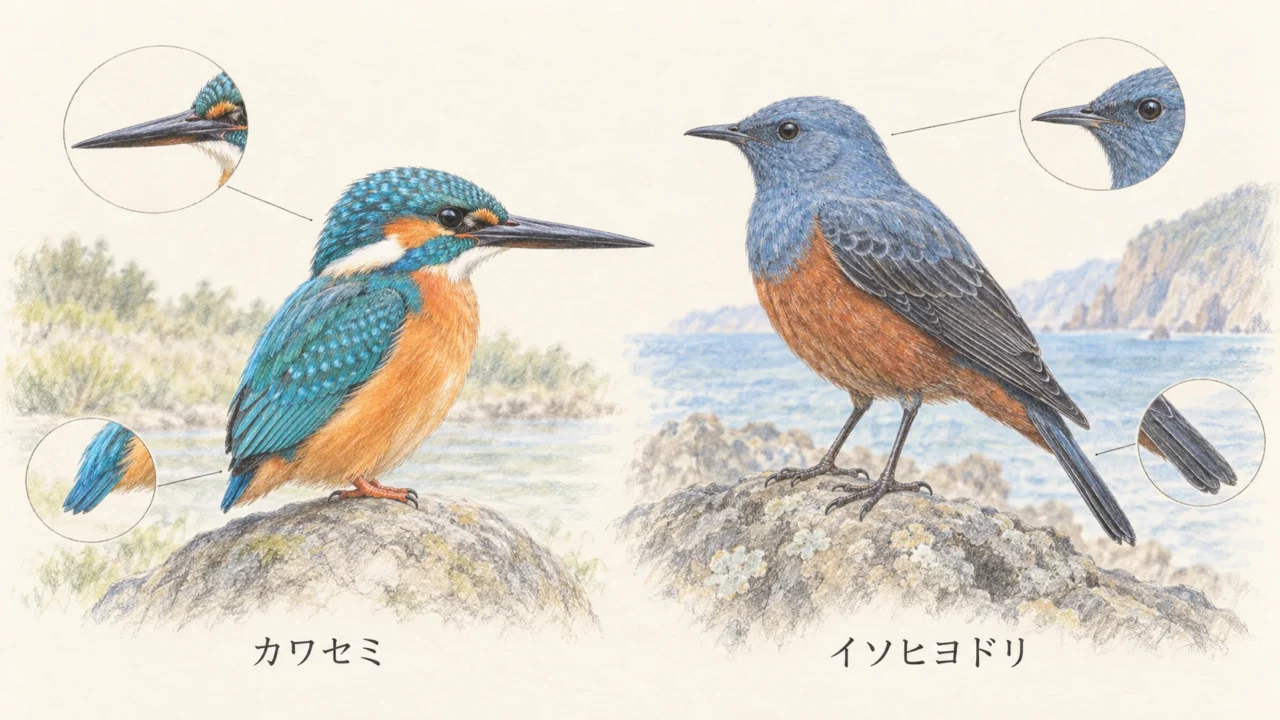 カワセミの長いくちばしと短い尾、イソヒヨドリの短めのくちばしと長めの尾の比較図