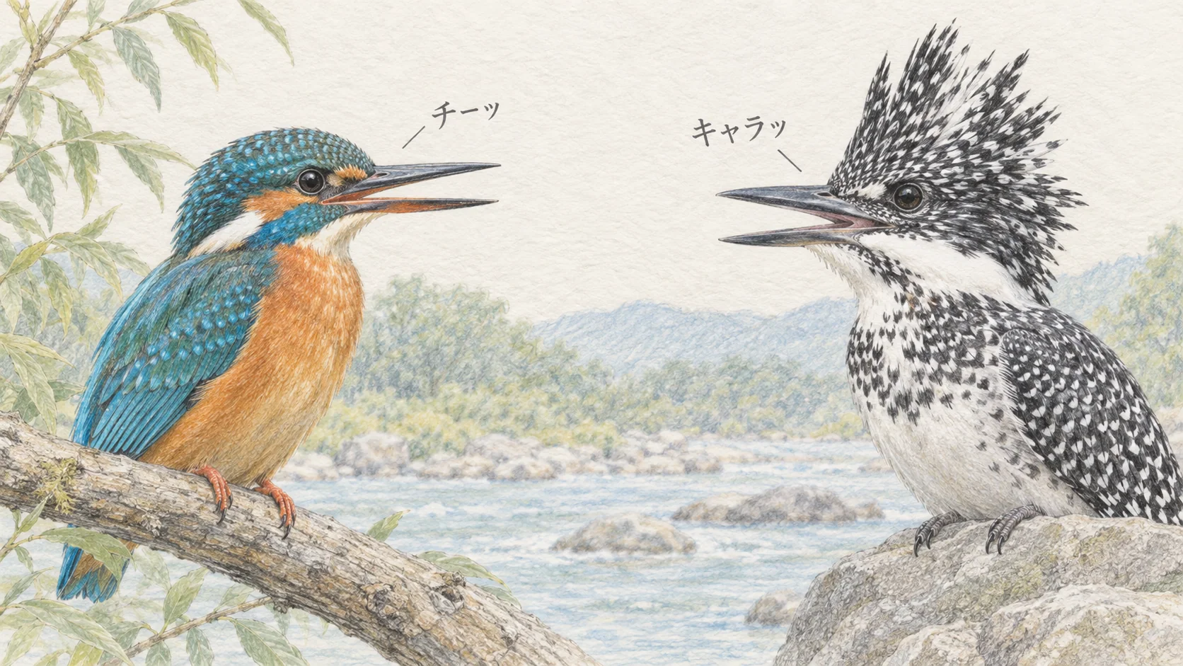 カワセミのチーッという声とヤマセミのキャラッという声を示した色鉛筆画