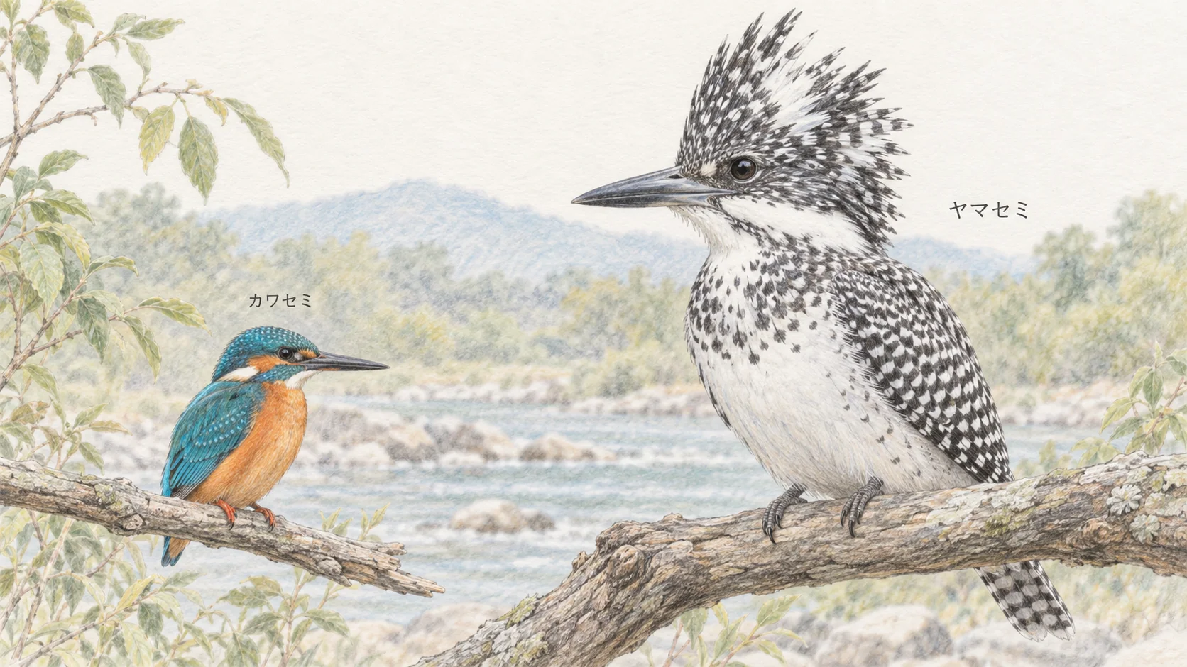 青と橙色のカワセミと、白黒模様で冠羽のあるヤマセミを並べた色鉛筆画