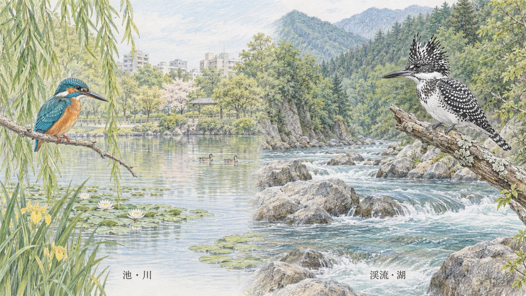 公園の池にいるカワセミと、山間の川にいるヤマセミの生息環境を描いた図