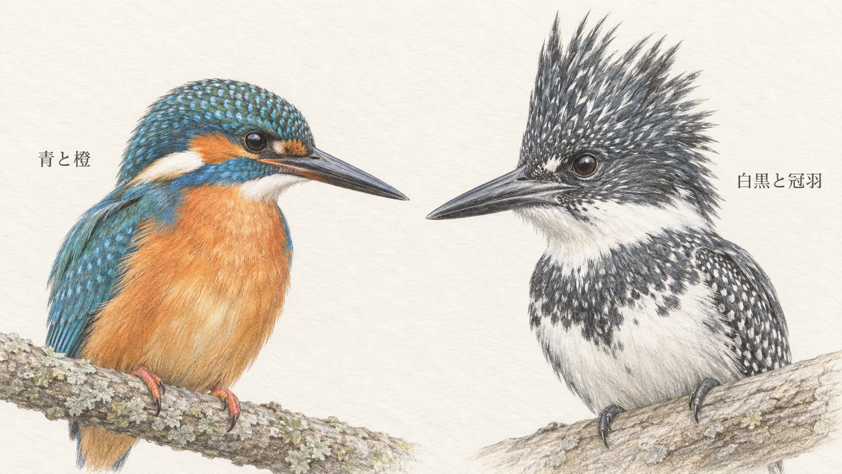 カワセミの青い頭と橙色の胸、ヤマセミの白黒模様と冠羽を比較した頭部の図
