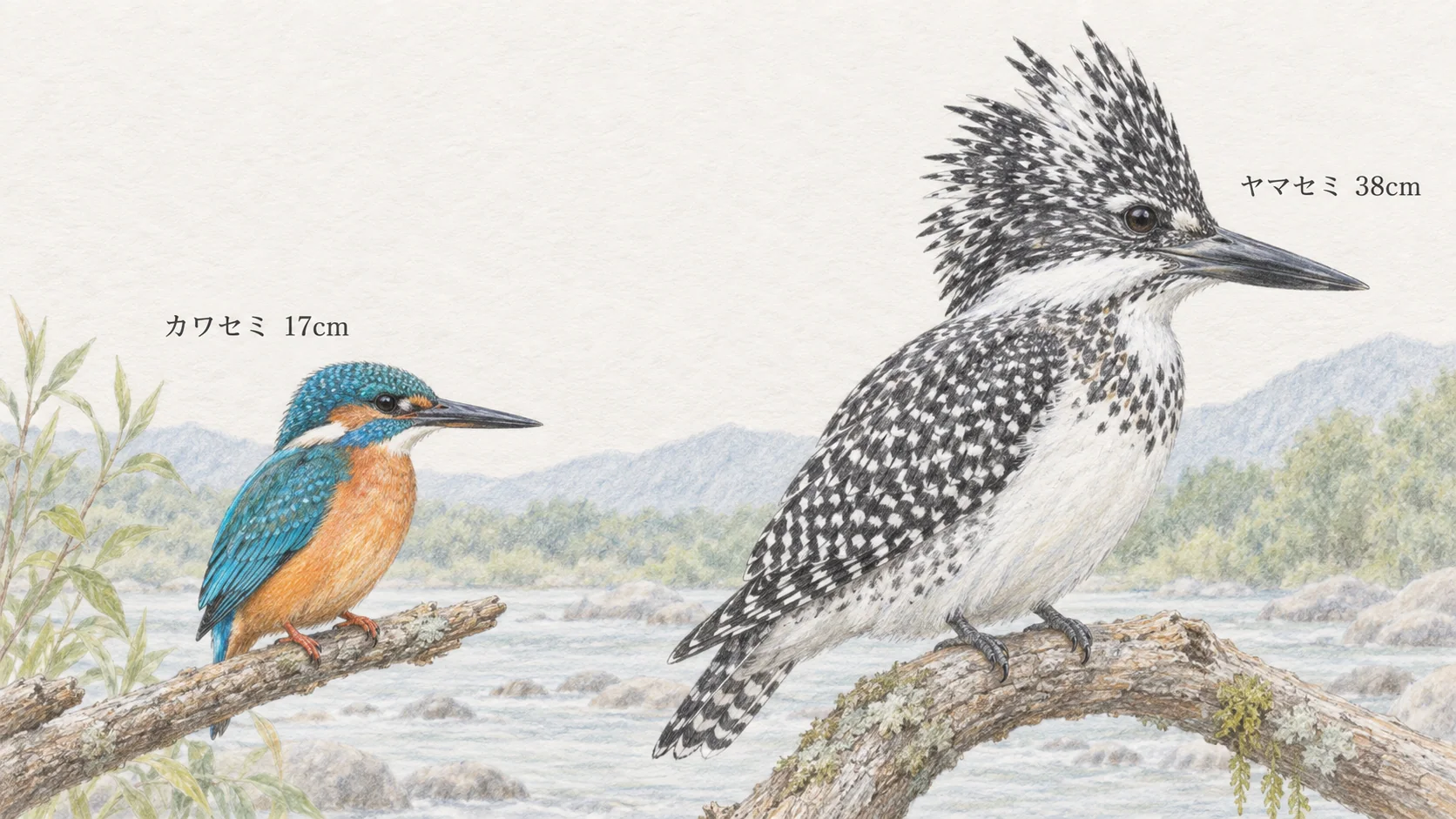全長約17cmのカワセミと約38cmのヤマセミの大きさを比較する図