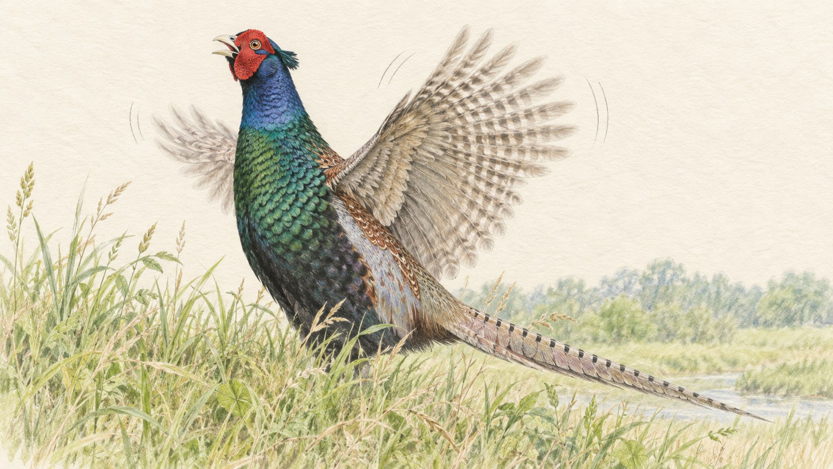 翼を打ち震わせるキジのオス。鳴き声の後に聞こえる母衣打ちを描いた色鉛筆画