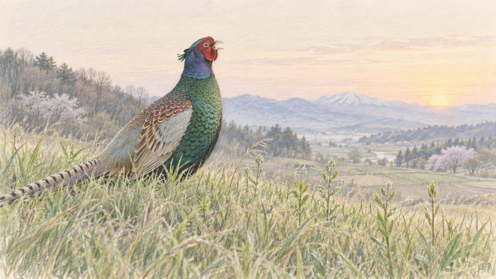 春の早朝、草地で鳴くキジのオス。鳴く時期と時間帯を表す色鉛筆画