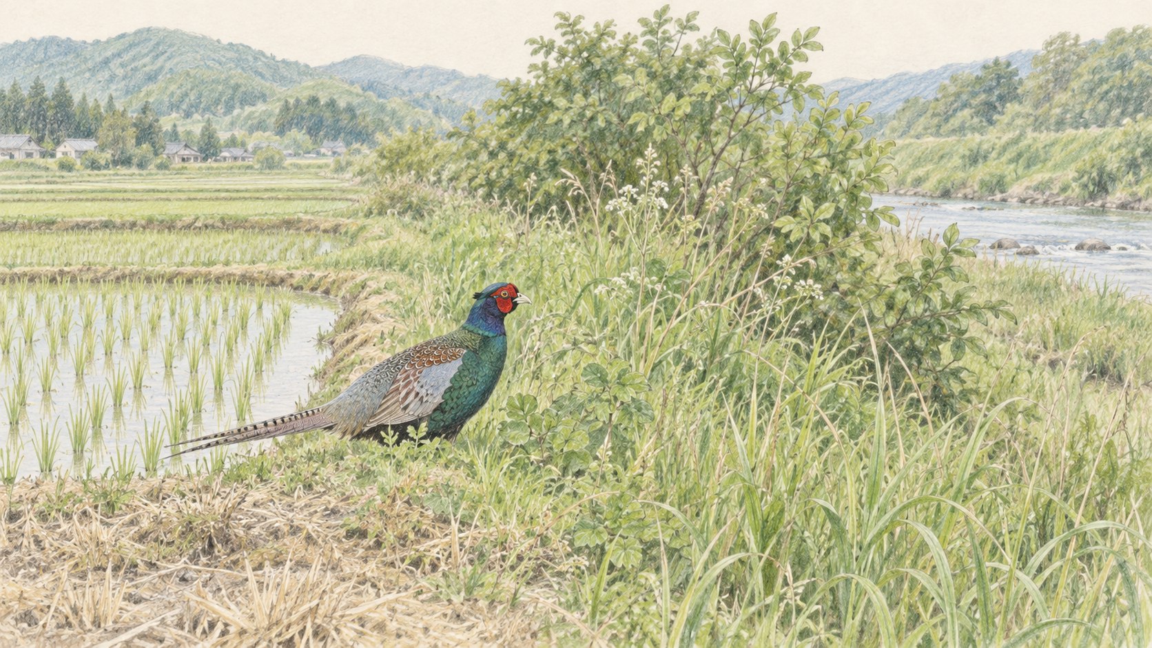 田んぼと河川敷の草地の境目にいるキジのオス。生息環境を描いた色鉛筆画