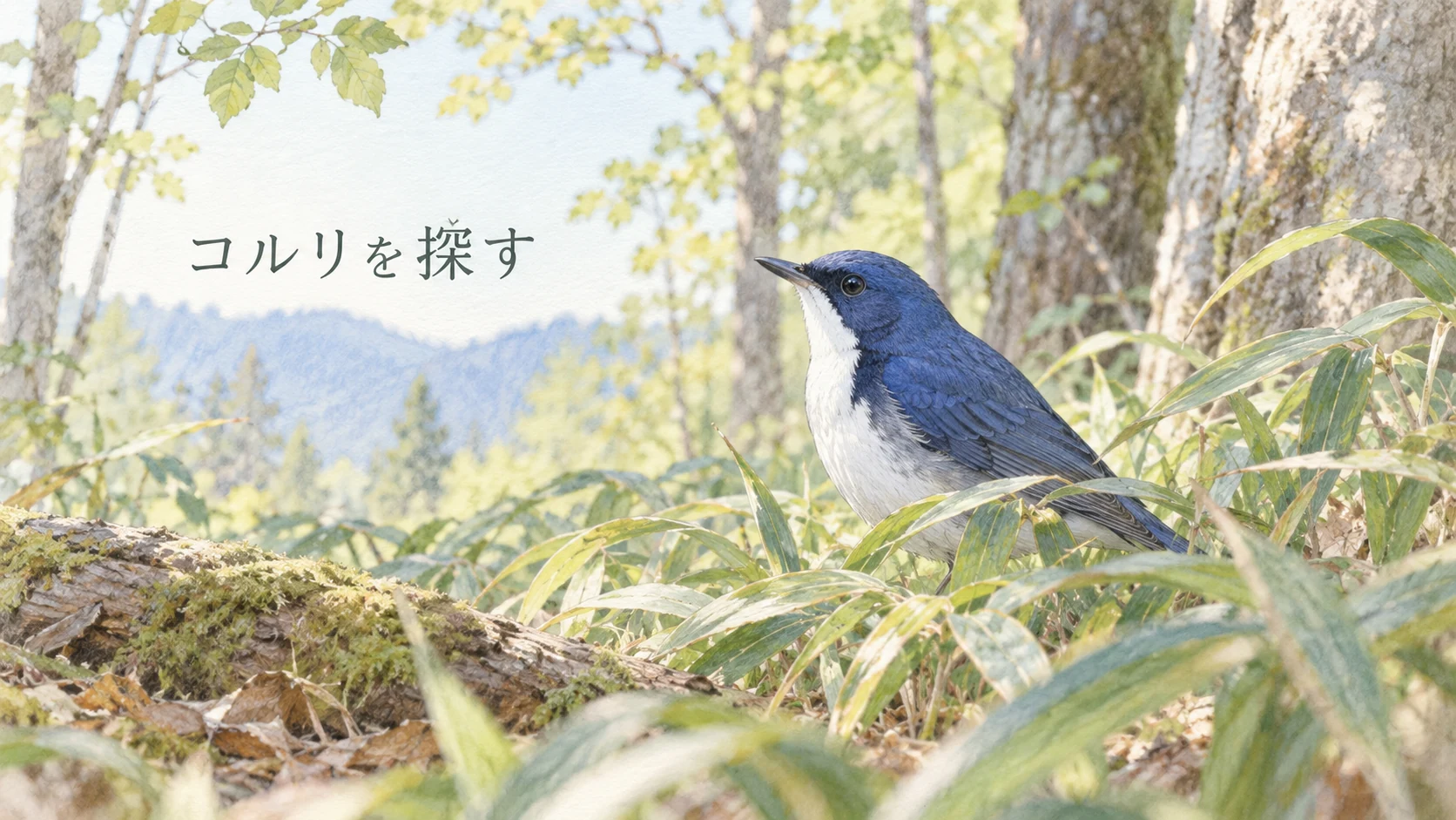 ササの茂る森林でコルリを探すイメージ。青い背中と白い喉が見えるオス