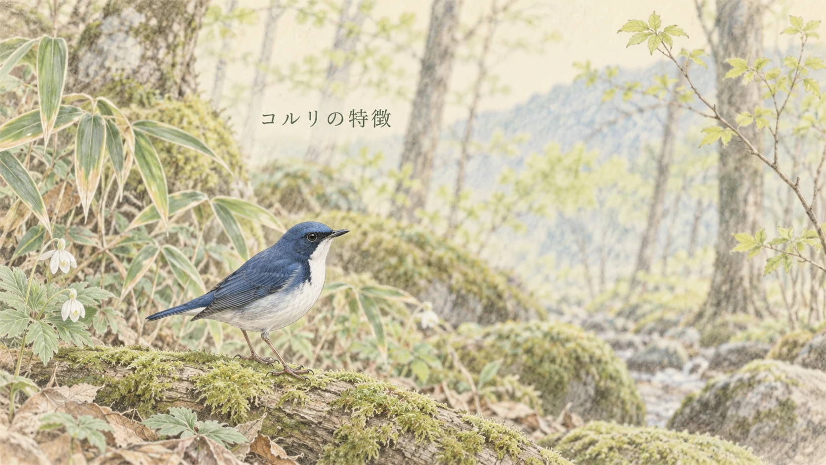 春の山地林にいるコルリのオス。白い喉と林床のササが見える淡い色鉛筆画