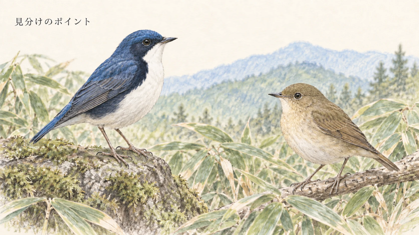 コルリのオスとメスを並べた色鉛筆画。オスは青い背中、白い喉と黒みの強い脇、メスは褐色