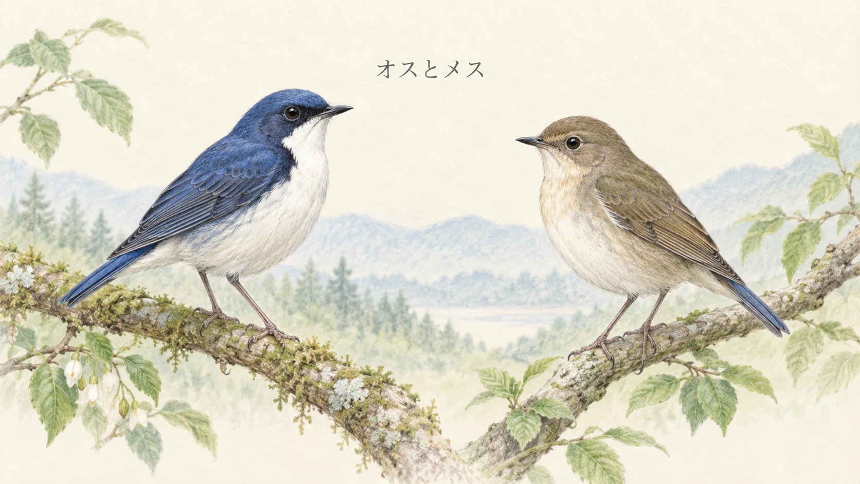 コルリの成鳥オスとメスの羽色比較。オスは青と白、メスはオリーブ褐色