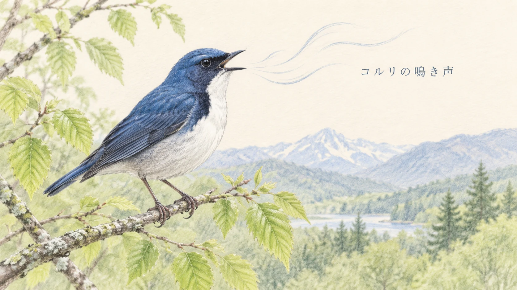 森でさえずるコルリのオス。鳴き声の特徴を表す淡い色鉛筆画