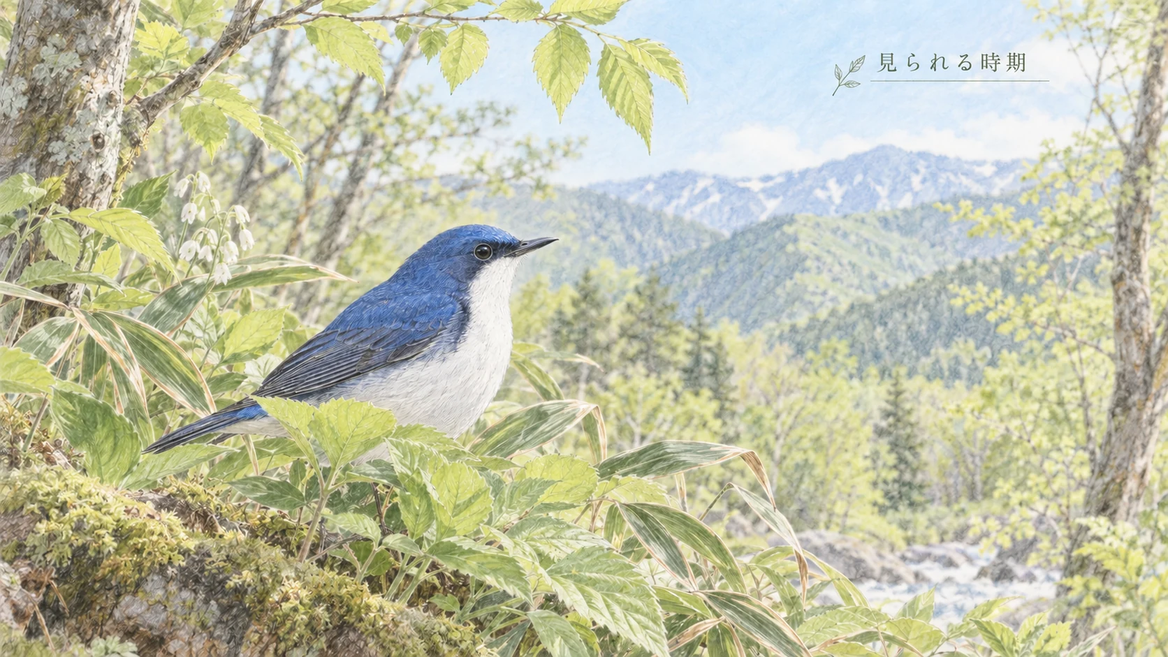春から初夏の山地の森にいるコルリのオス。白い喉が見える淡い色鉛筆画