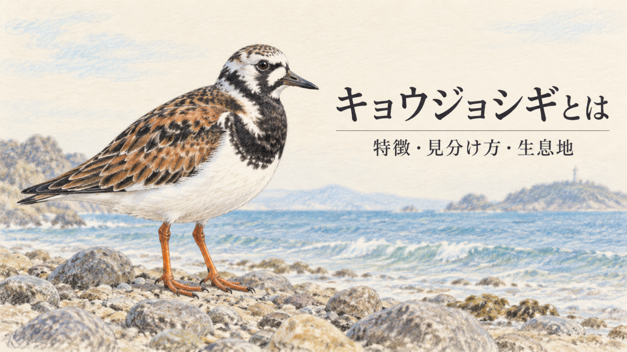 夏羽のキョウジョシギを海岸に描いた、特徴・見分け方・生息地の文字入り色鉛筆イラスト