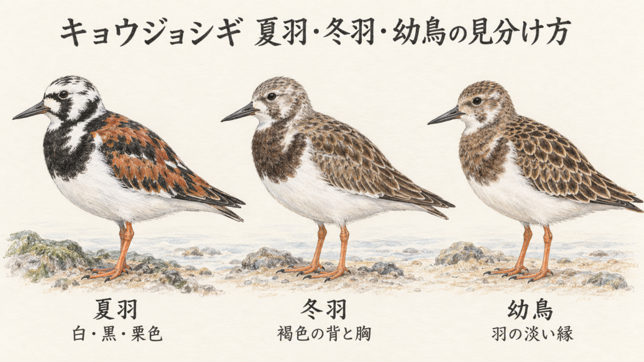 キョウジョシギの夏羽・冬羽・幼鳥を比較。夏羽の栗色、冬羽の褐色、幼鳥の淡い羽縁を描いたイラスト