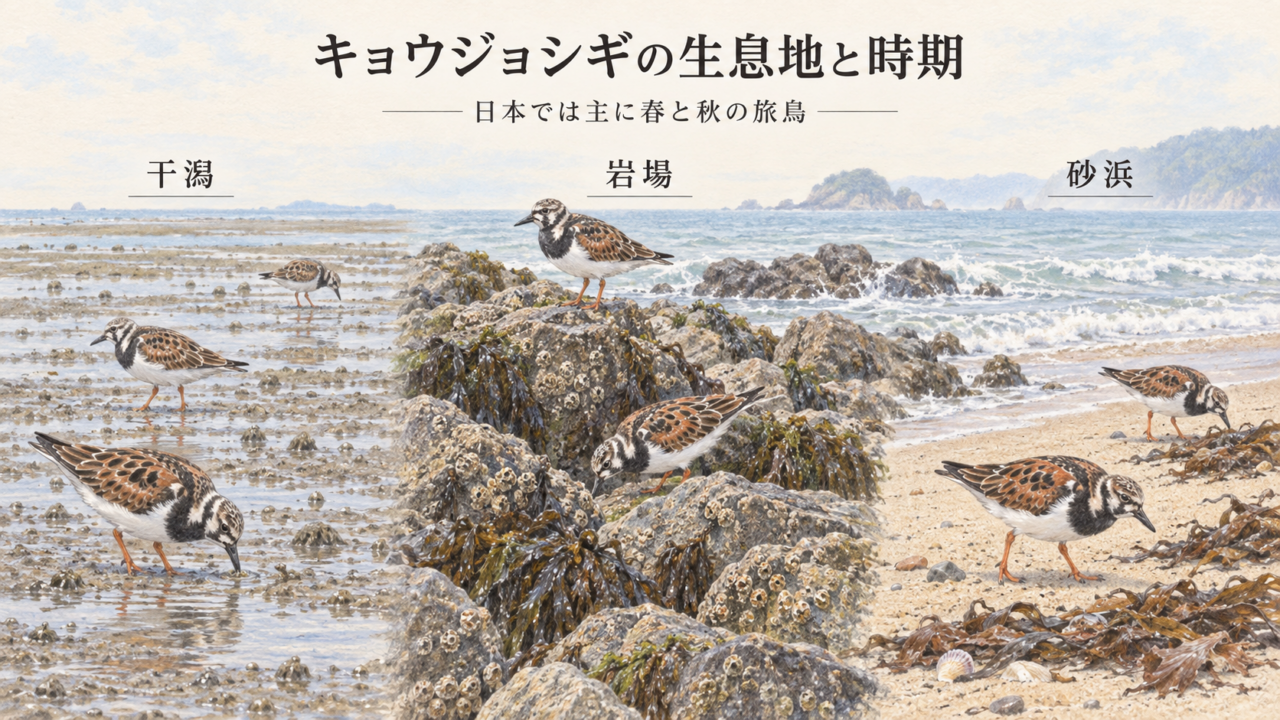 キョウジョシギの生息地である干潟・岩場・砂浜と、日本では主に春と秋の旅鳥であることを示すイラスト