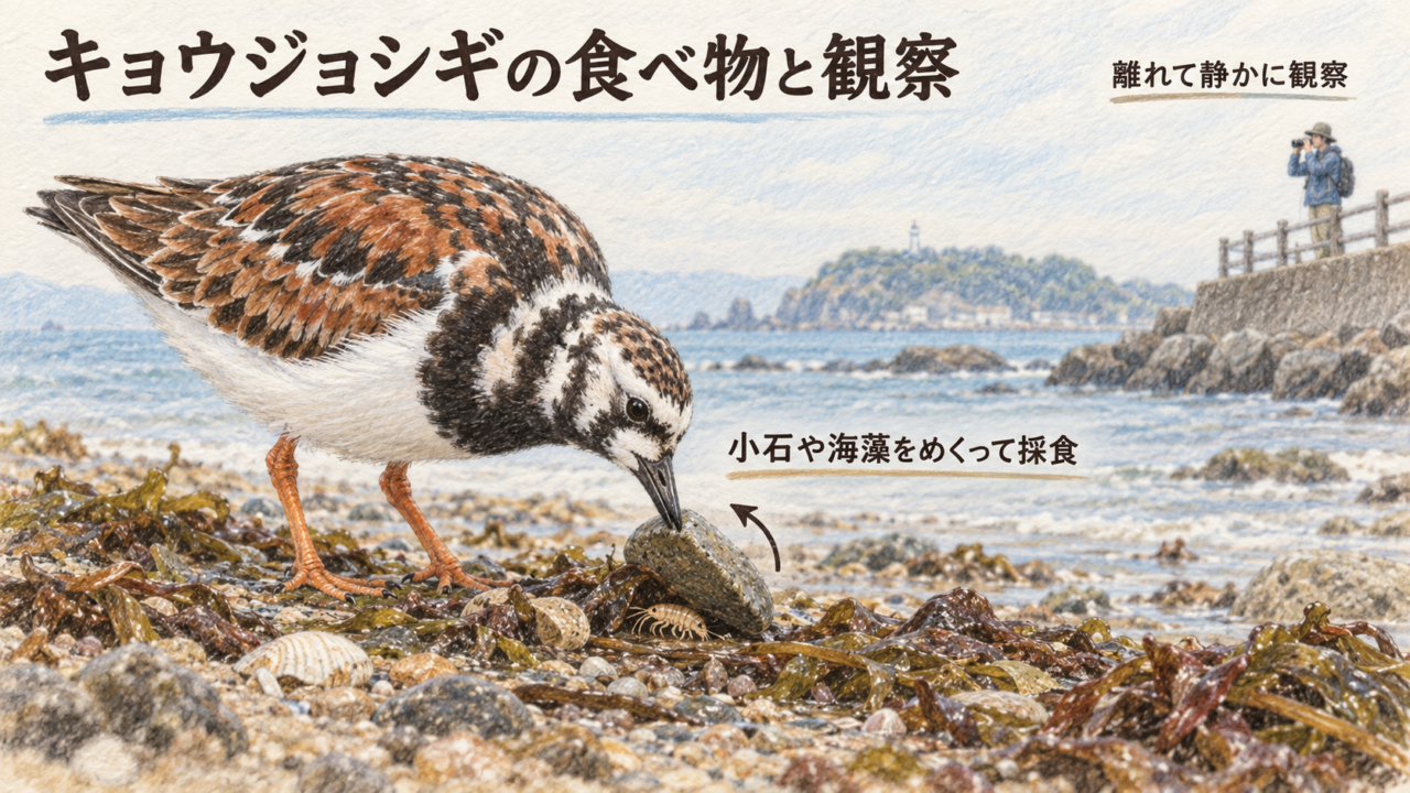 短いくちばしで小石をめくり、下に隠れた小動物を探すキョウジョシギの色鉛筆イラスト