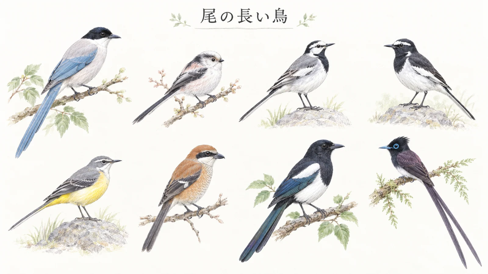 オナガ、エナガ、セキレイ3種、モズ、カササギ、サンコウチョウの比較イラスト