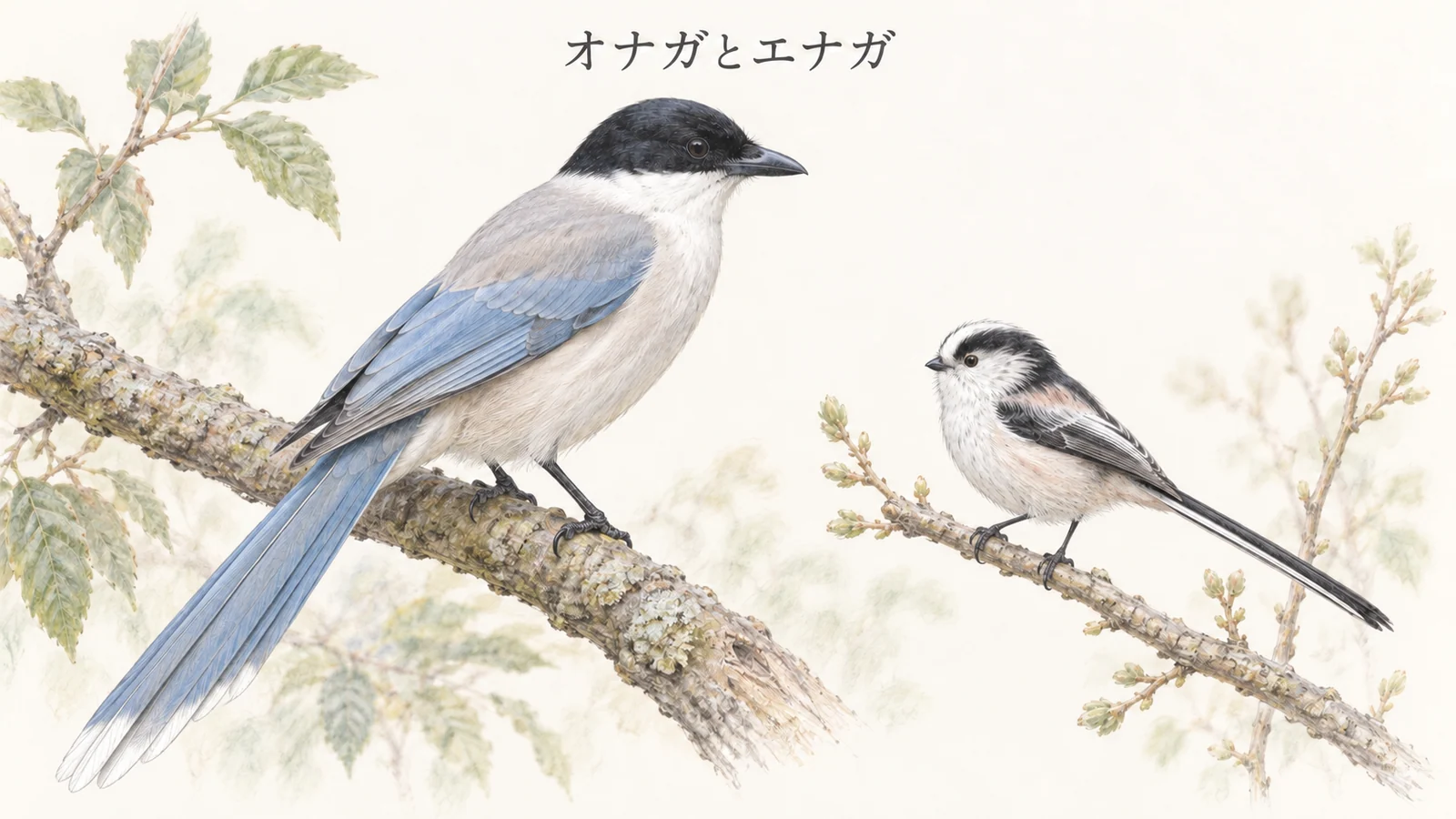 白い尾先と青灰色の長い尾のオナガと、小さく丸いエナガの比較イラスト