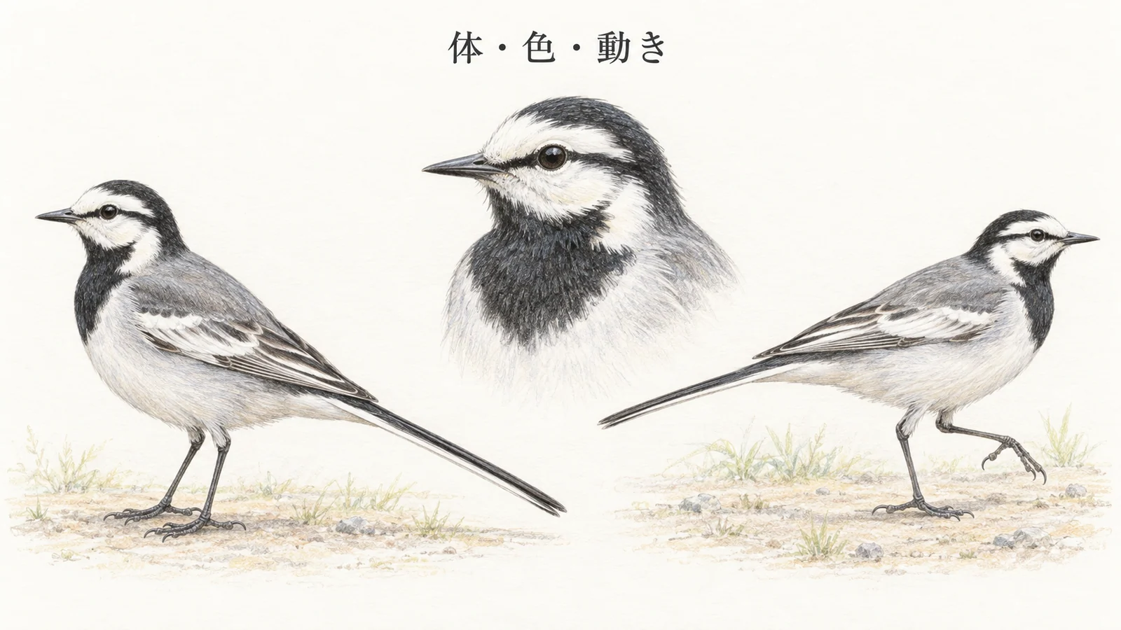 ハクセキレイの全身、顔の模様、歩く姿を比較した色鉛筆画