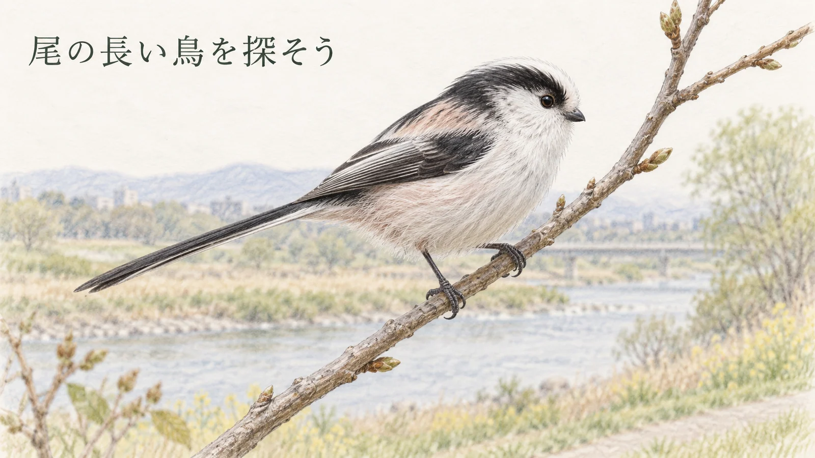 公園の枝にとまるエナガの細長い尾を描いた淡い色鉛筆画