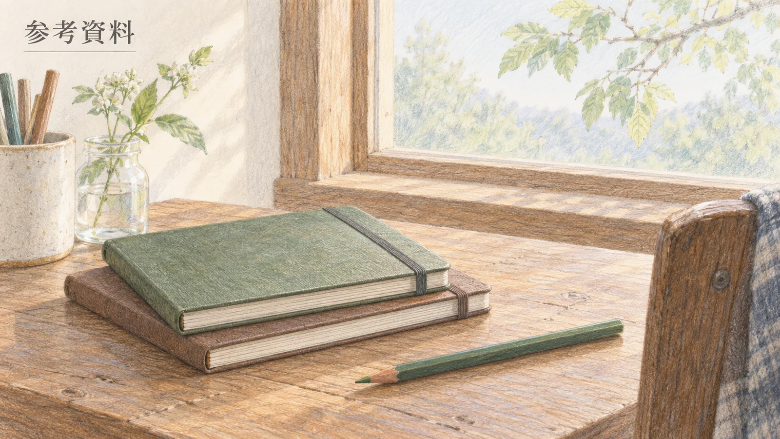 窓辺の観察ノートと色鉛筆を描いた参考資料のイラスト