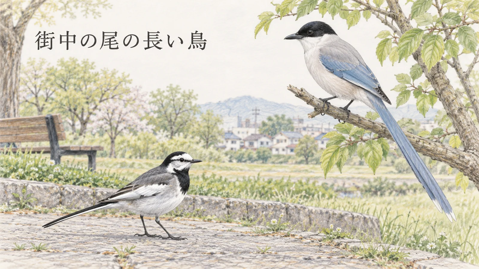 公園の枝にとまるオナガと道に立つハクセキレイの色鉛筆画