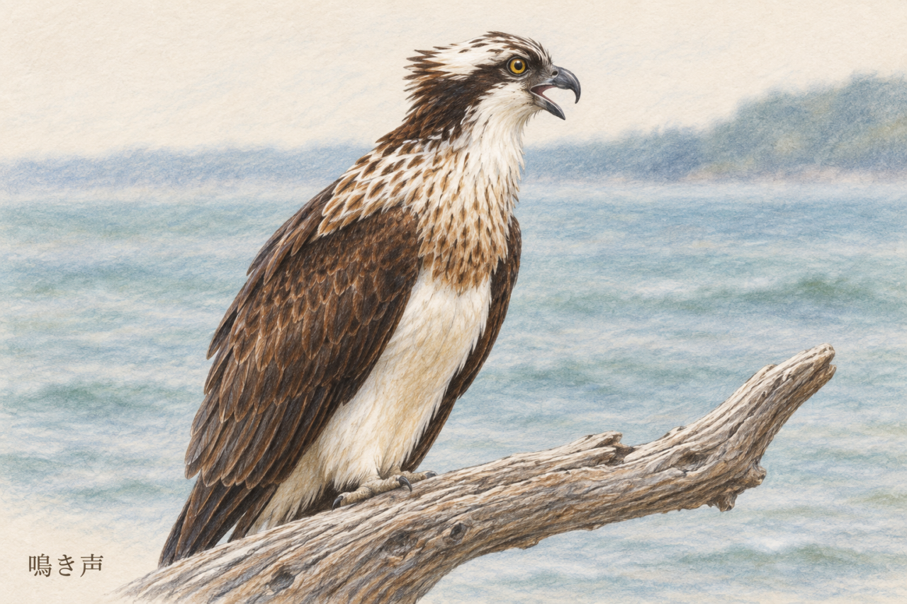 水辺の止まり木でくちばしを開いて鳴くミサゴの色鉛筆画